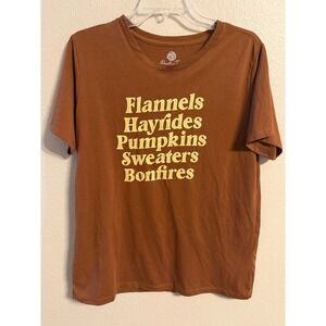 PositiviTees Womens Large Brown Fall Graphic T-Shirt Pumpkins Hayrides L 12-14